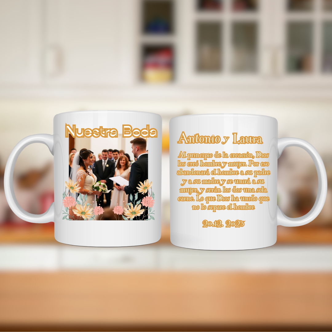 taza con fotografía de una pareja el día de su boda